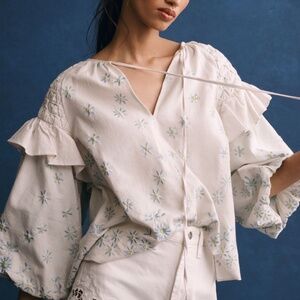 Anthropologie- Forever That Girl Ruffle-Sleeve Smocked Linen Blouse